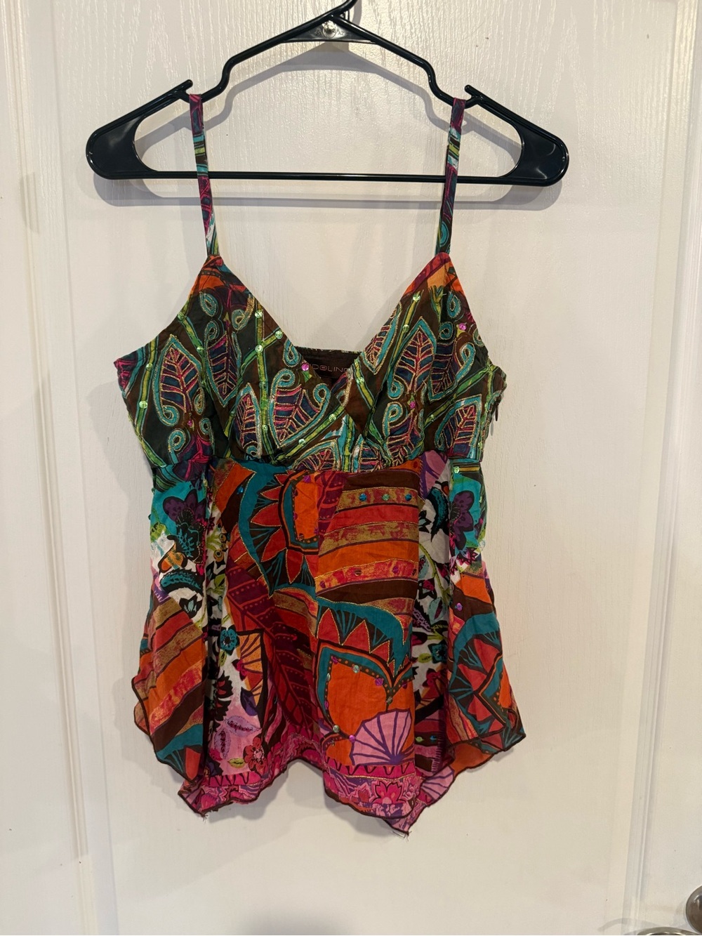 Bandolino vintage y2k hanky hem cotton cami sequin tank top size 8 multi color
